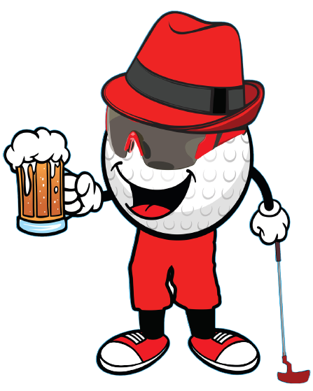 The Sip n Putt mascot: a golf ball in a red fedora and sunglasses, holding a beer and a putter